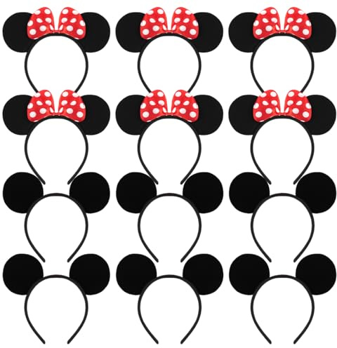 Maus Ohren Stirnband, 12 Stück Cartoon Haarreifen, Mouse Ears Headband, Kinder Haarschmuck für Geburtstag Party, Weihnachtsfeier, Fasching, Halloween