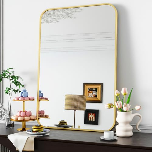 Koonmi Wandspiegel Gold, 66x96 cm Badezimmerspiegel mit runder Ecke, Morden Spiegel Wand mit Rahmen aus Aluminiumlegierung für Wand montiert horizontal oder vertikal, Gold