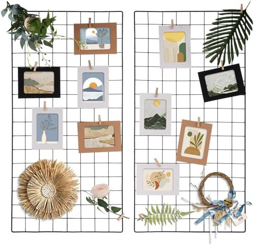 Lnrueg 2 Stück Wandgitterpaneele, Draht-Wandgitterregale mit Bilderrahmen, Clips, Haken und Hanfseil, Wanddekoration, Aufbewahrungs-Organizer, Metalldraht, Memoboards