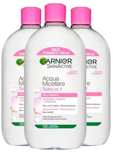 Garnier SkinActive Mizellares Wasser All-in-1 für empfindliche Haut Entferner beruhigt ohne Ausspülen Maxi Format - 3 Flaschen à 700 ml