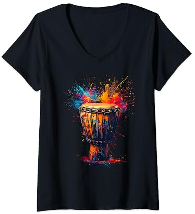 Damen Künstlerische bunte Pop-Art-Djembe T-Shirt mit V-Ausschnitt