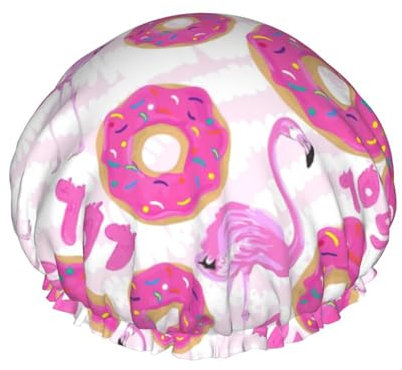 Flamingo und Donuts Duschhaube für Frauen, wiederverwendbare Duschhaube, wasserdichte Badekappe für Frauen, langes Haar