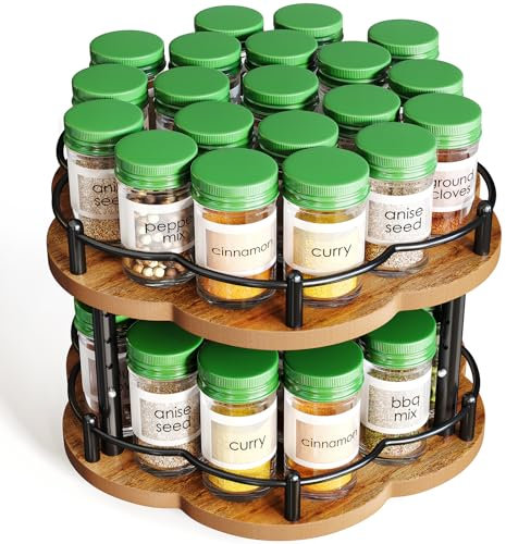 Spice Rack Lazy Susan Organizer for Cabinet, Rotating Spice Organization 2 Tier Adjustable Lazy Susan Turntable Spice Cabinet Organizer for Kitchen Countertop & Pantry, Wood 10 Inch Seasoning Storage