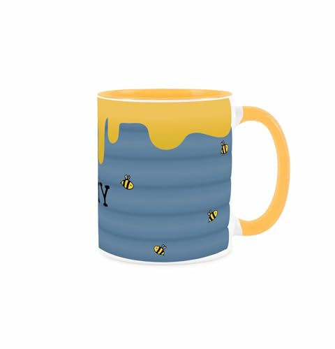 Purely Home Hunny Jar Mug - Blue & Yellow Honey Pot & Bumblebees Themed Novelty Gift Present - Tea/Coffee Golden Ceramic Cup