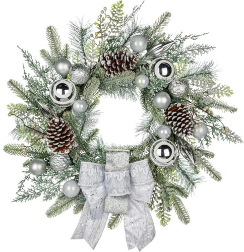 61cm Weihnachtskranz Künstlicher Kranz mit Dekorative Weihnachtskugeln, Schleife, Tannenzapfen Weihnachtsdeko Türkranz für Feste Advent, Hauswandbehang oder Weihnachtsdekoration