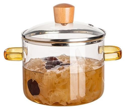 Grtheenumb Glass Cooking Pot with Lid, 1.6L Clear Glass Simmer Pot Microwavable Glass Pot Heat Resistant Glass Cookware for Cooking Soup, Yellow Handle