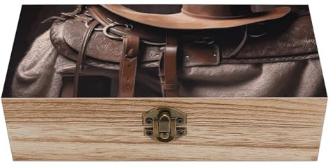 DWTJKMS Pferde-Sattel mit Cowboyhut, Aufbewahrungsbox aus Holz, große Aufbewahrungskörbe, dekorative Andenken-Box mit Scharnierdeckel, Frontverschluss, Holzboxen zum Basteln, Vintage-Schmuckschatulle,