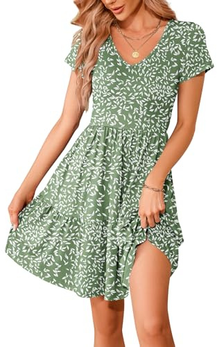 WNEEDU Women's Summer Dress V Neck Empire Beach Dress Short Sleeve Casual Sundress with Pockets Olive Green Leaf M