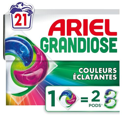 Ariel Grandiose PODS, Lessive Liquide En Capsules 21 Lavages, Couleurs Éclatantes 2 X Action Détachante et Anti-Odeur
