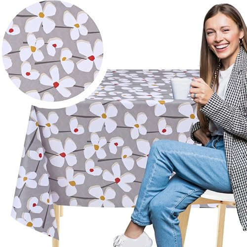 KP HOME Mantel Antimanchas de PVC Gris con Brillo Floral 140x140 cm – Cuadrado, Impermeable, Protector de Hule Mesa de Plástico para Interior y Exterior, Fácil de Limpiar - Estampado de Flores Vivas