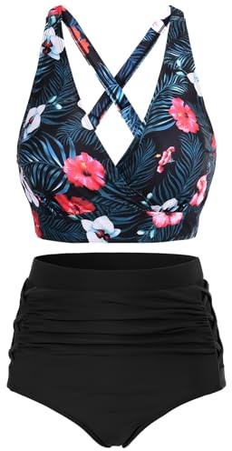 CMTOP Conjuntos de Bikinis Traje de Baño de Dos Piezas Cuello en V Conjunto Bañador, Bañadores Mujer Reductores Cintura Alta Control de Vientre Bikini Push up Vikinis(Floral,XL)