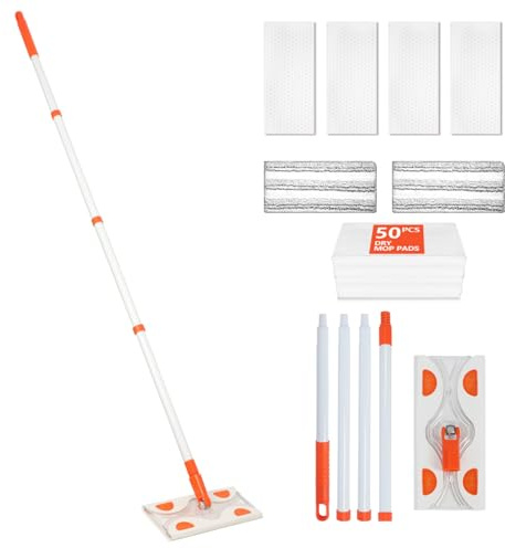 Mops for Floor Cleaning,55 Handle with 10 Flat Head with Magic Sponge Eraser Pads、Microfiber Pad and 50 Dry Sweeping Cloths (Mop Set,55” Mop with 10 Mop-Head)
