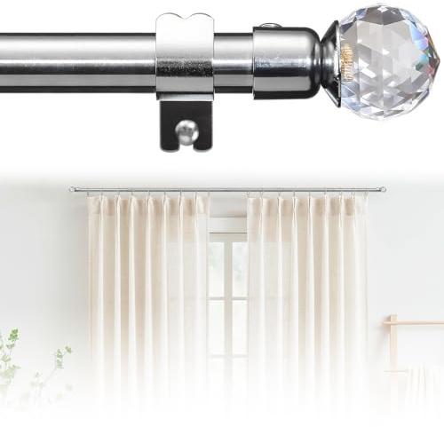 Harrms Curtain Poles Silver, Crystal Finial Curtain Rod for Voile/Sheer Curtains (16mm), 76-198cm, Adjustable Bay Window Pole Stainless Steel with Heavy-Duty Brackets, Victorian/Classic Interiors