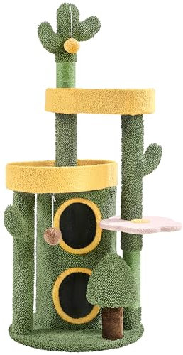Soberine Albero per Gatti da Interno a Tema Oasi Torre per Gatti con Grotta Cilindrica a 2 Livelli 3 Trespoli Cactus Tiragraffi in Sisal Alto 123 cm Verde e Giallo