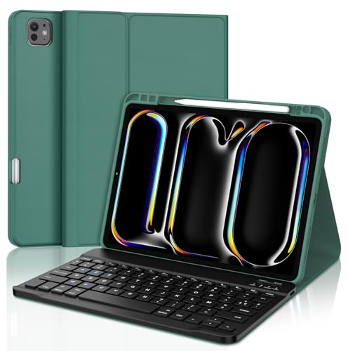 Coque Clavier pour iPad Pro 11 Pouces (M5 2025, M4 2024), AZERTY Français Housse Clavier Bluetooth Magnétique Détachable avec Porte Crayon pour Tablette iPad Pro 11 (6e/5e Génération), Vert Foncé