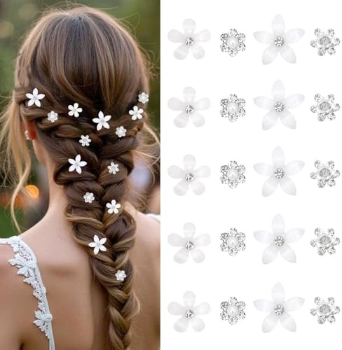 Mezrkuwr 20 pezzi mollette per capelli bianche con piccoli fiori, mini forcine in metallo con strass per donne, sposa, damigelle, mollette per capelli da matrimonio, accessori per capelli per