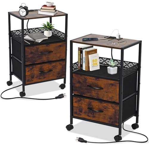 Yosamy Lot de 2 tables de chevet avec prise, roulettes, tiroirs en tissu, prises AC, ports USB, table d'appoint pour salon, chambre à coucher, 40 x 28 x 60 cm, couleur rétro