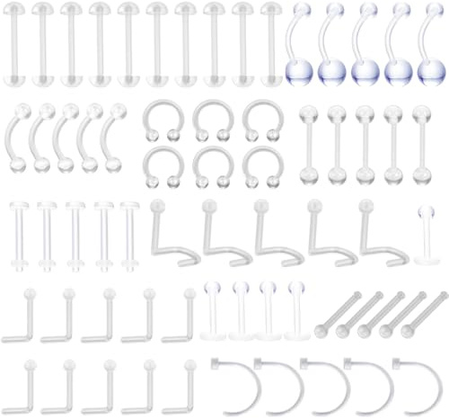 LuLiyLdJ flexible Ohrpiercing Halterung 65 Stück Acryl Lippenpiercing Augenbrauenpiercing Spiral Hoop Tragus Membran Hufeisenring Piercingschmuck Brustwarze Nippel Bauch Lippen Labret Septum