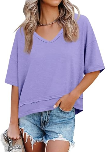 PADOLA T-Shirt Donna Estate Tops Casual Scollo a V Morbido e Confortevole Traspirante Taglio Largo e Modellante(L,Viola)