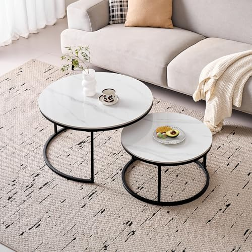 GrandCA HOME Runde Couchtische zum Ineinanderstapeln, 2er-Set, Moderne Wohnzimmertische mit Schwarzem Metallrahmen, 60 cm und 80 cm Große Beistelltische aus Weißem Marmor und Sinterstein