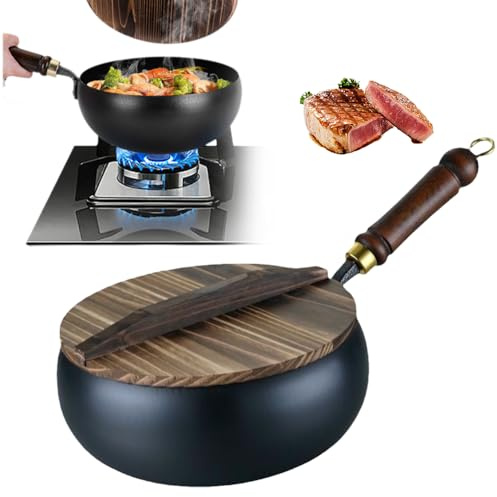 Wok Non Stick, 2025 Ungraded Chinese Handmade Cast Iron Wok with Wooden Lid, No Chemical Coated Cast Iron Frying Pan, Traditional Carbon Steel Woks, Ideal for Induction, Gas, Hobs (24CM / 9.45Inch)