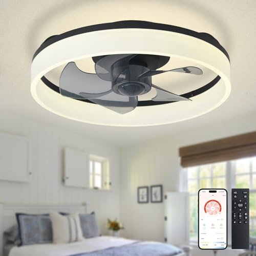 Depuley Ventilador de techo LED con iluminación: 16 Lámpara moderna de perfil bajo empotrado con control remoto - Ventilador negro sin aspas regulable para dormitorio