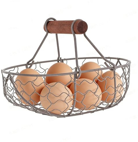 ULTECHNOVO Vintage Metal Egg Basket with Wooden Handle - Rustic Wire Storage Basket for Fresh Eggs, Grey Black Iron Fruit Holder for Kitchen Countertop, Small Farmhouse Decor