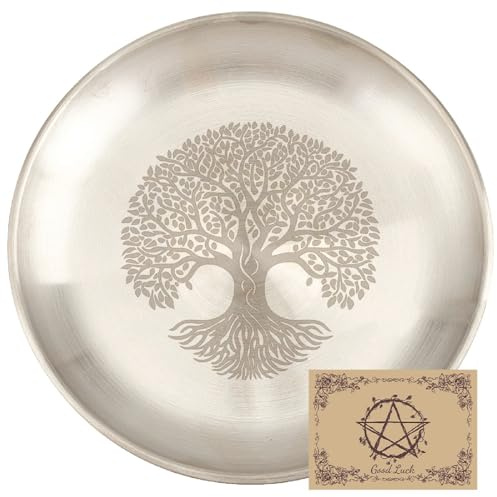 CREATCABIN Tree of Life Offering Bowl Altar Ritual Plate Stainless Steel Flat Bowl Round Tray Dish Candle Holder with Card Silvery Jewelry Dish for Smudging Incense Burner Decoration 5.55Inch
