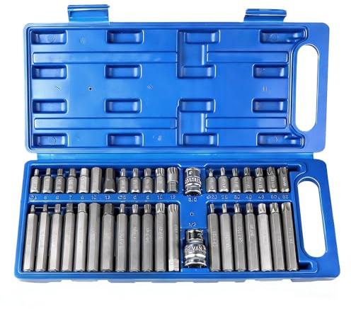 MIGUBIGU Juego de 40 piezas de tuercas de 1/2, 3/8, incluye puntas hexagonales H4-H12, juego de tuercas spline M5-M12, juego de puntas Torx T20-T55, con caja de almacenamiento, para automóviles