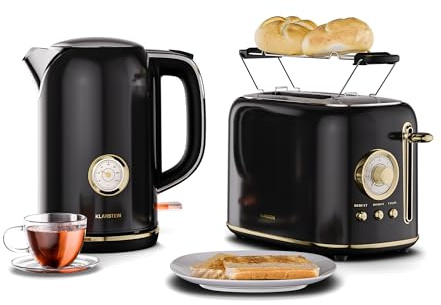Klarstein Victoria Toaster Wasserkocher Set, Retro Design, 2 Scheiben Toaster mit 7 Bräunungsstufen & Brötchenaufsatz, 1,7L Wasserkocher mit Kalkfilter, Frühstücksset, Schwarz