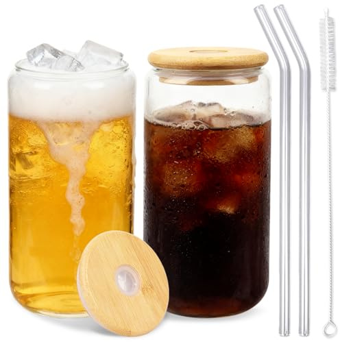 EkkoVla 480ml Glass Cups with Bamboo Lids and Glass Straws, 2 Pack Reusable Can-Shaped Tumblers – Airtight Lids & Cleaning Brush for Matcha, Smoothies, Beer, Juice, Ice Coffee