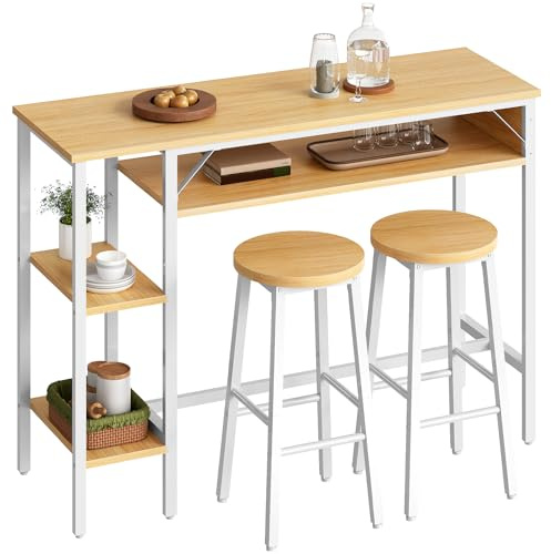 HOOBRO Set Tavolo Alto e Sgabelli da Bar con Scaffale a 3 Ripiani, Tavolo da Pranzo Alto con 2 Sgabelli Rotondi per Cucina, Soggiorno e Sala da Pranzo, Bianco e Legno Naturale EWN07BT01
