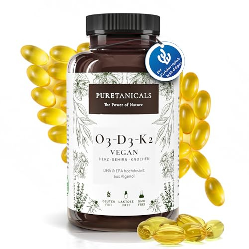 PURETANICALS Omega 3 VEGANO + Vitamina D3 + K2 MK7 All-Trans | 180 Capsule ad Alto Dosaggio Premium Essentials O3-D3-K2 – Olio di Alghe con acidi grassi essenziali EPA & DHA | Algae Oil Capsules