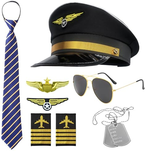 Hpbaggy Set di Costumi da Pilota,8PCS Accessori costume pilota,Cappello da capitano,Cravatta,Occhiali da Sole,Collana,Distintivo,patch,Accessori da Comandante,per Carnevale,Cosplay,feste a tema