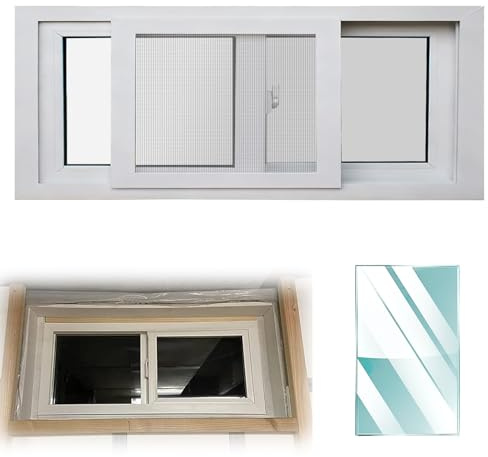 Finestra Scorrevole per Seminterrato con Vetro Temperato e Zanzariera, Piccola Finestra di Ricambio per Capannone Pollaio Cabine Garage(79X58CM/31.1X22.8IN)