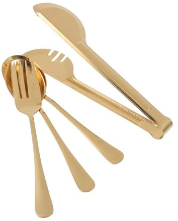 PAMINGONO Pinzas de Acero Inoxidable para Alimentos, Juego de 4 Piezas Doradas Tenedor y Cuchara para Servir en Casa, Utensilios de Cocina Prácticos y Portátiles para Restaurante y Hogar