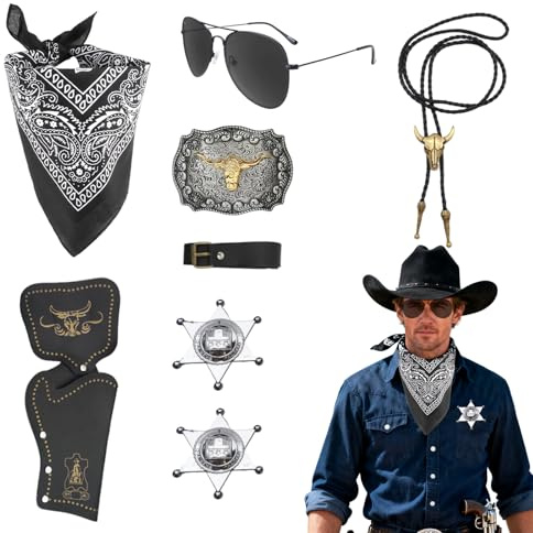 RAOPNHS 8 Stück cowboy kostüm herren Set, western outfit herren Kit mit Holster Gürtel cowboy weste herren Ergänzung, Bandana Sonnenbrille Sheriff Sterne für Karneval Party