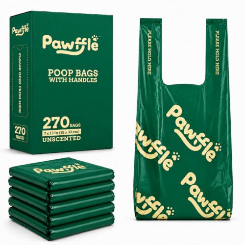 PAWFFLE Recycled Dog Poo Bags with Tie Handles, 270 Count, Pull-Out | Green 18 x 33 cm pull-out bags with tie handles, unscented, 100% leak-proof and up to 50% thicker for everyday dog walks.