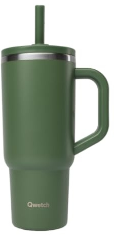 QWETCH Travel Cup Isotherme 900ml Étanche avec Paille Rabattable – Mug Isotherme Inox Recyclé avec Anse – Garde 48h Glacé / 12h Froid – Tumbler Isotherme – Gourde Compatible Porte‑Gobelet - Kaki