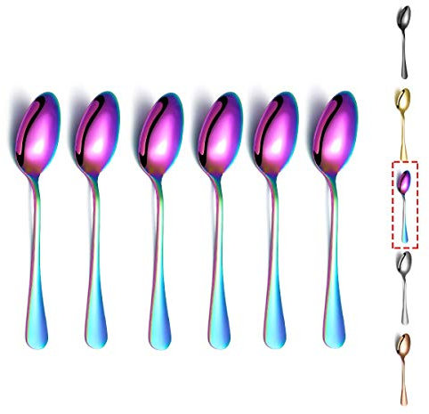 Rainbow Teaspoons, Kyraton 6 Pieces 14cm Stainless Steel Tea Spoons with Colorful Titanium Plating, Ice Cream Spoons, Dessert Spoons, Coffee Spoons, Golden Spoons Silverware Pack of 6