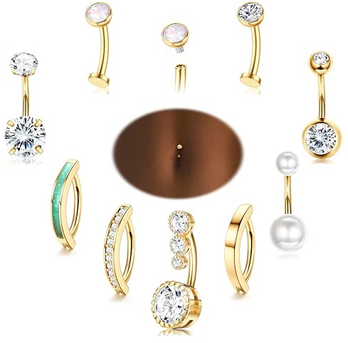 LOLIAS 14K Gold Plated Belly Button Rings Surgical Stainless Steel Belly Rings CZ Clicker Belly Button Piercings for Women Navel Piercings Pack,14K Gold Plated