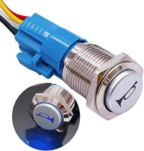 Taiss 16mm Interrupteur à bouton de klaxon momentané bouton-poussoir 12V Commutateur de Horn Interrupteur de réinitialisation Bouton avec Lumières LED bleu avec prise pour voiture Camion LBG16-BU