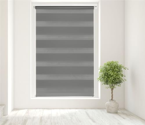 Caecus Dark Grey Day and Night Zebra Roller Blind Dual Layer Fabric Aluminium Rail Easy Fit Home Office Bedroom Kids Room Easy Fit 50cm Width x 160cm Drop
