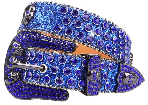 MINGSUN Strass-Gürtel für Herren und Damen, Totenkopf-Gürtel, Western-Leder, glitzernd, glänzend, Diamant-Nietengürtel, Blau, 44/31-33W
