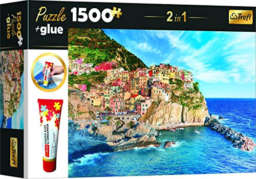 Trefl - Set 2En1 Puzzle + Pegamento - Puzzle 1500 Elementos - Manarola, Liguria, Italia, Pegamento Y Conservante para Rompecabezas, Combinar Elementos, para Adultos Y Niños A Partir De 12 Años