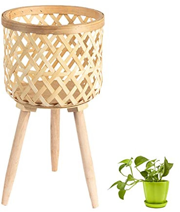 Madera para Plantas, Soporte para macetas, taburetes Decorativos para Plantas Altas, Soporte para Plantas Interior con Cesta bambú Tejida a Mano para macetas, jarrones,