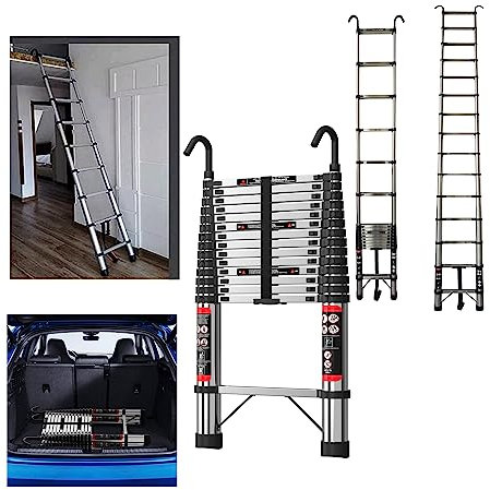 Telescopic Ladder 4.4M Extension Ladder Stainless Steel Folding Ladder for Indoor Outdoor Max Load 330lbs Multi-Purpose Retractable Ladder