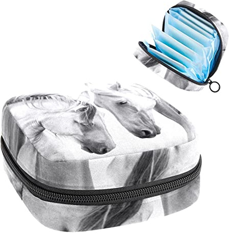 Borsa portaoggetti per assorbenti igienici, custodia mestruale, organizer per tamponi femminili, motivo: cavallo animale bianco