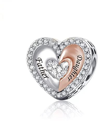 M&S Father Daughter Charm Split Rose Gold & Silver Love Heart Bead Pendant, 925 Sterling Silver Dangle Charm, Compatible With Pandora & European Bracelet