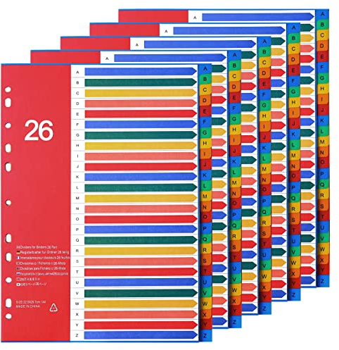 Srvnpioy 26-teilig A4 Register, 5 Stück, A-Z Register A4 Trennblätter aus PP, mehrfarbig Ordner Register für Schule, Büro